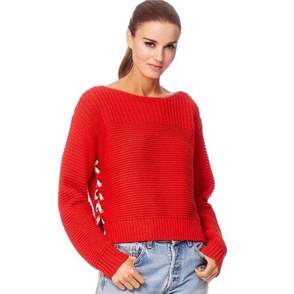 NEW 360SWEATER RED BOATNECK LACE-UP SWEATER - Picture 1 of 7